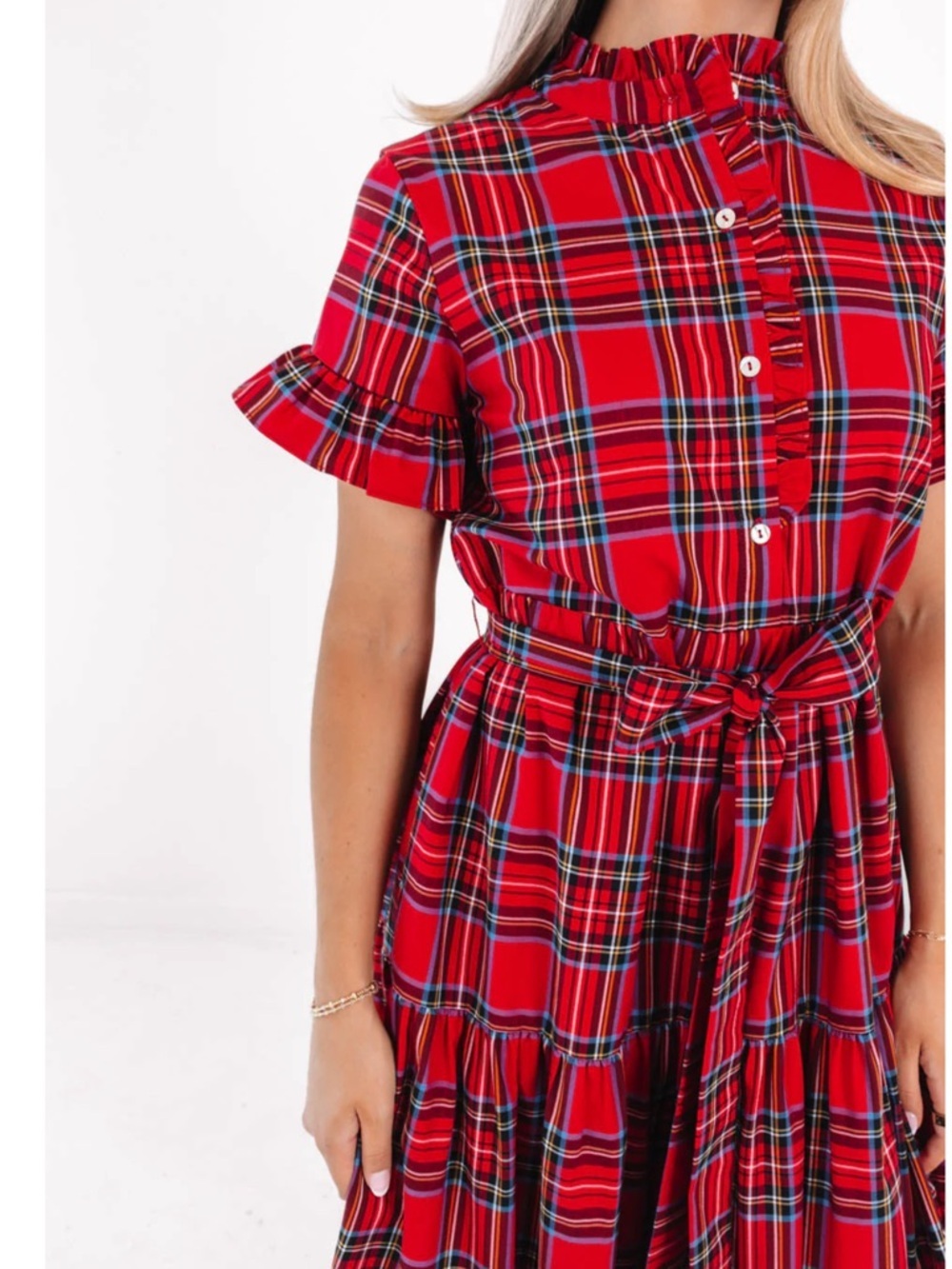 J. MARIE XS HOLLIN BELTED SHORT SLEEVE MIDI DRESS RED TARTAN PLAID NWT $180 - Picture 5 of 15